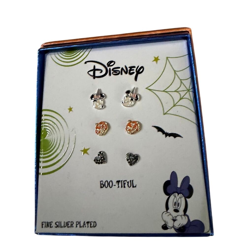 Disney Halloween Jewelry Fine Silver Plated Bootiful Minnie 3 Pack Earrings Set